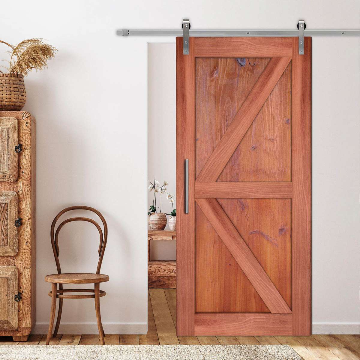 Real Solid Hardwood Rustic Double Diagonal Sliding Barn Door with Wire Brushed Pattern