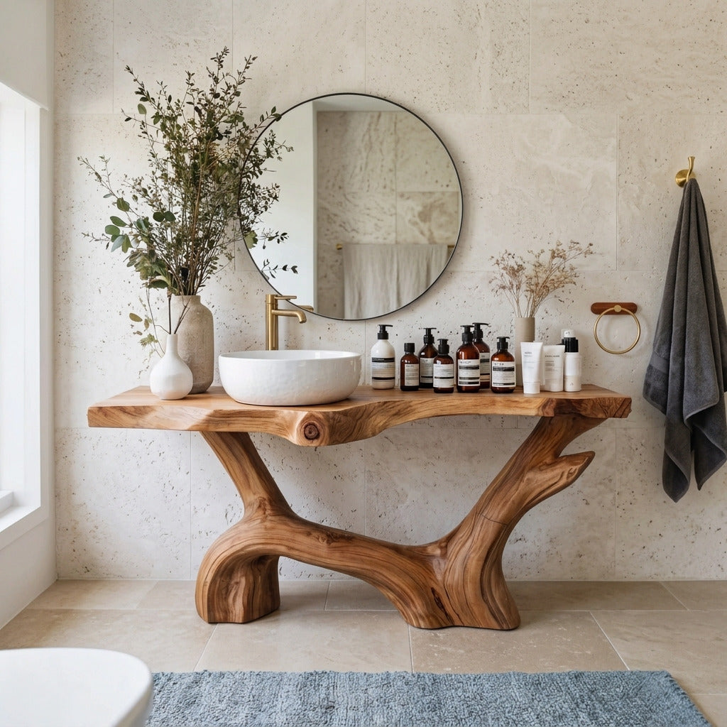 Sculptural Root Live Edge Solid Wood Vanity - Organic Bathroom Sink Table