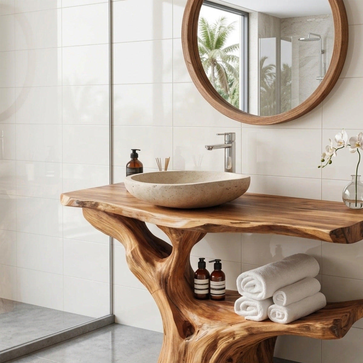 Sculptural Wood Sink Cabinet For Tropical Powder Room
