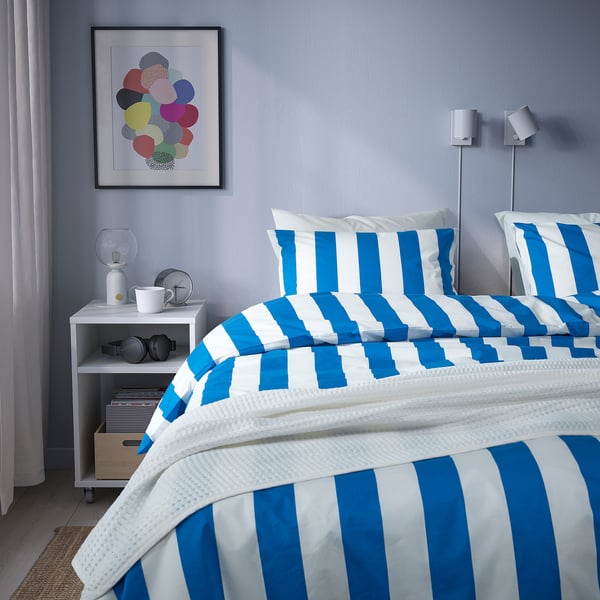 SLÅNHÖSTMAL duvet cover and 2 pillowcases, blue/white/striped, 240x220/50x60 cm - IKEA Austria