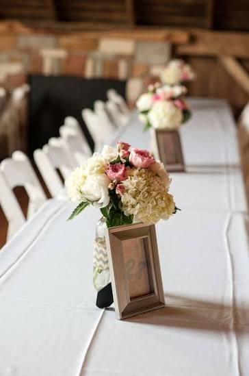 Small Mason Jar Floral Centerpieces and Framed Table Numbers