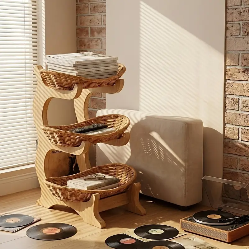 Three-tier Large-capacity * Rattan Woven Kitchen Storage Rack, Movable Island Counter Snack and Fruit Organizer, Vintage-style Multifunctional Storage Basket, Same Model * in the Blueberry Display .