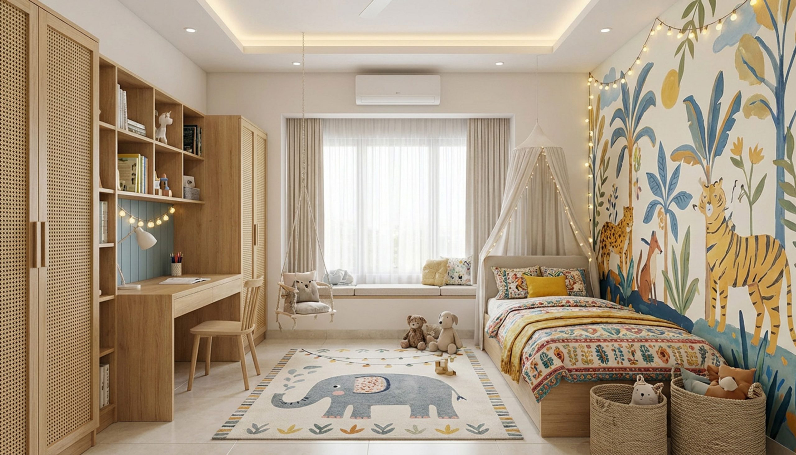 Traditional Jungle Mural Kids Bedroom Design with Rattan Wardrobe and Canopy Bed | Livspace