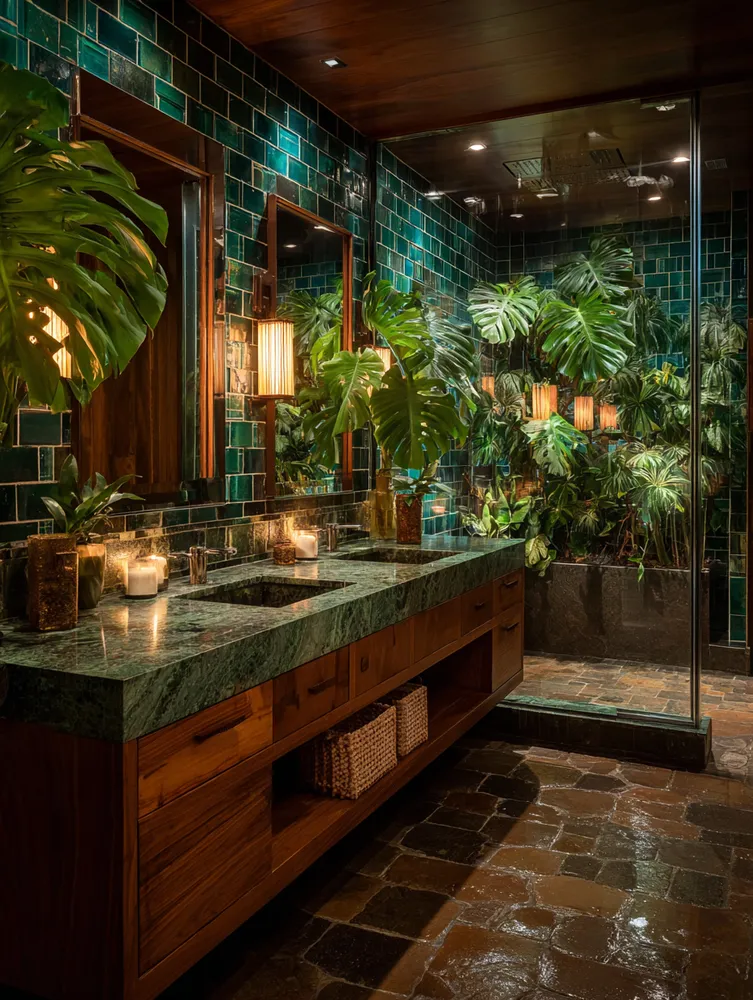 Tropical Jungle Oasis: Deep Greens & Rich Teak for a Lush Bathroom 🌴