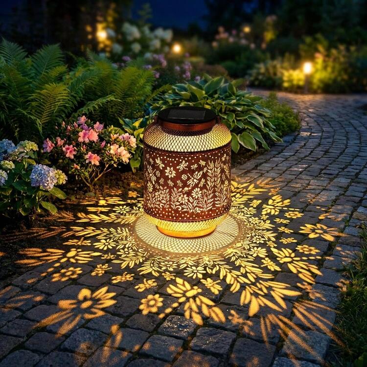 Vintage Metal Solar Lantern Outdoor Waterproof LED Garden Light With Floral Shadow Projection, Decorative Hanging Solar Lamp For Patio, Yard, Pathway, Lawn, Balcony, Wedding & Holiday Decor - Produc