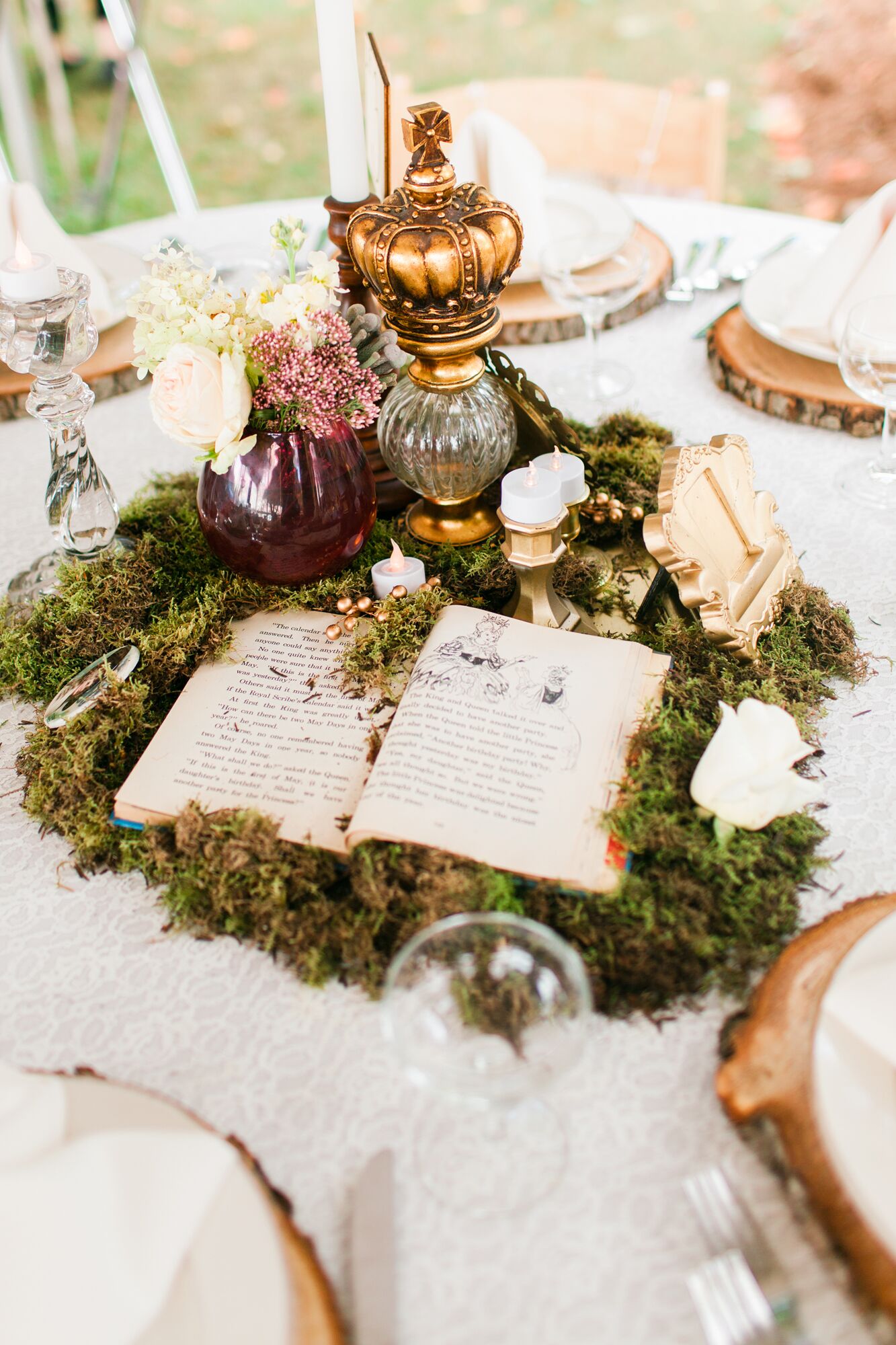 Whimsical Moss and Vintage Book Centerpiece