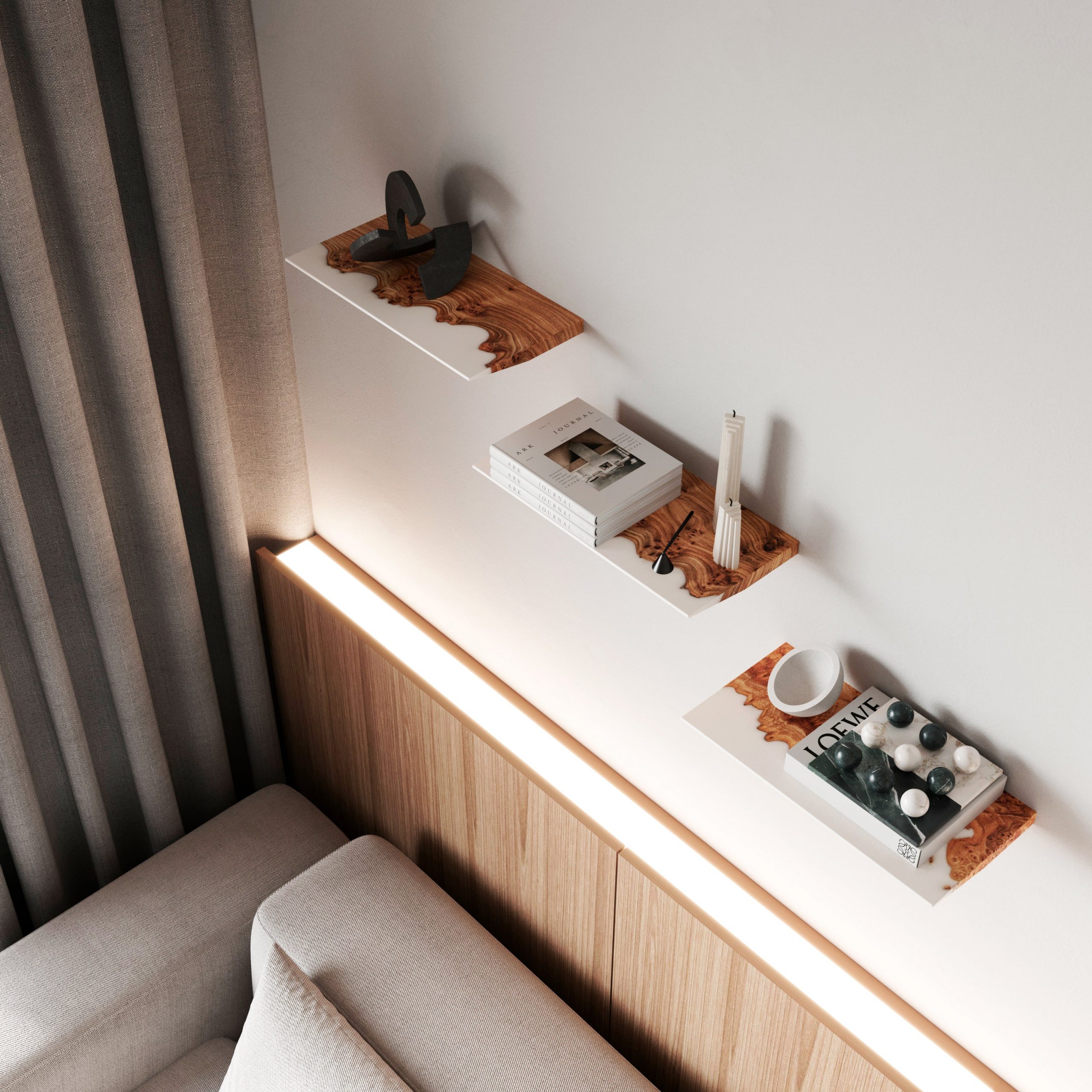 White Epoxy & Elm Wood - Live Edge Floating Shelf Live Edge / 60х8'(152x20 cm)