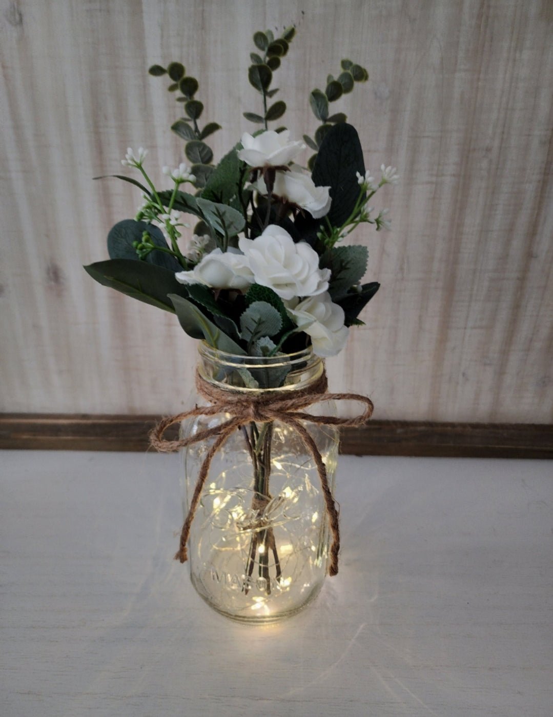 White Mini-Rose Lighted Mason Jar Centerpiece – Glassy Gal Decor