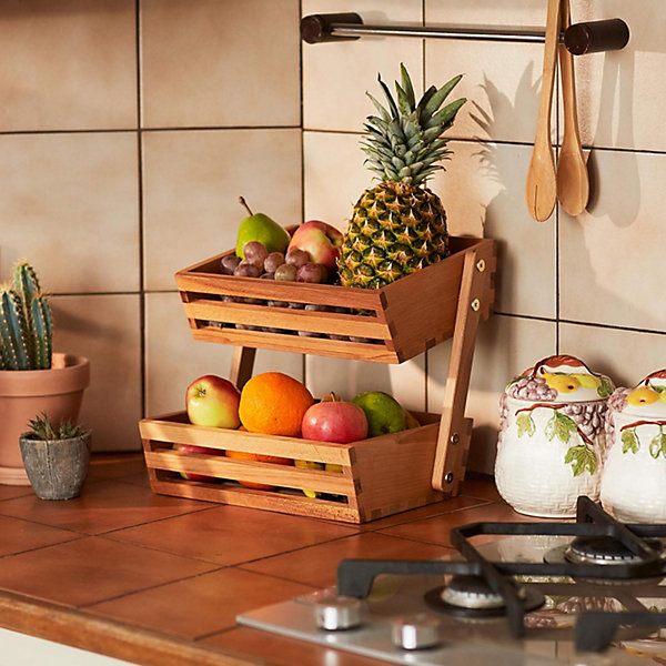 Wooden Two-Tier Vegetable Basket and Fruit Storage Rack - A Freestanding Countertop Basket for Kitchen Essentials.