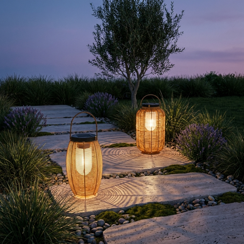 Woven Rattan Solar Floor Lanterns | Solar Garden Decor A / L