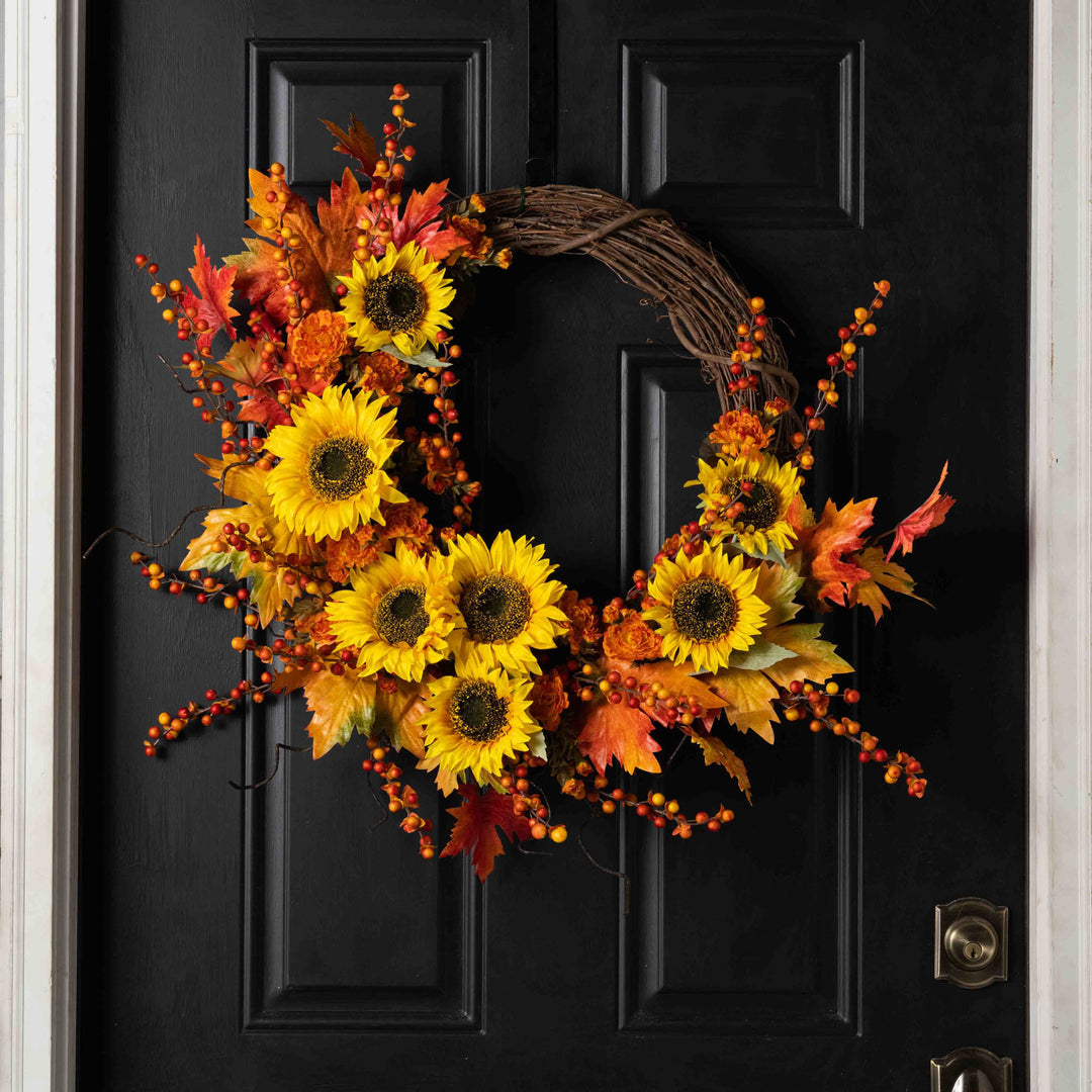 24 Inch Fall Wreaths for Front Door Outside, Sunflower Autumn Door Wreath