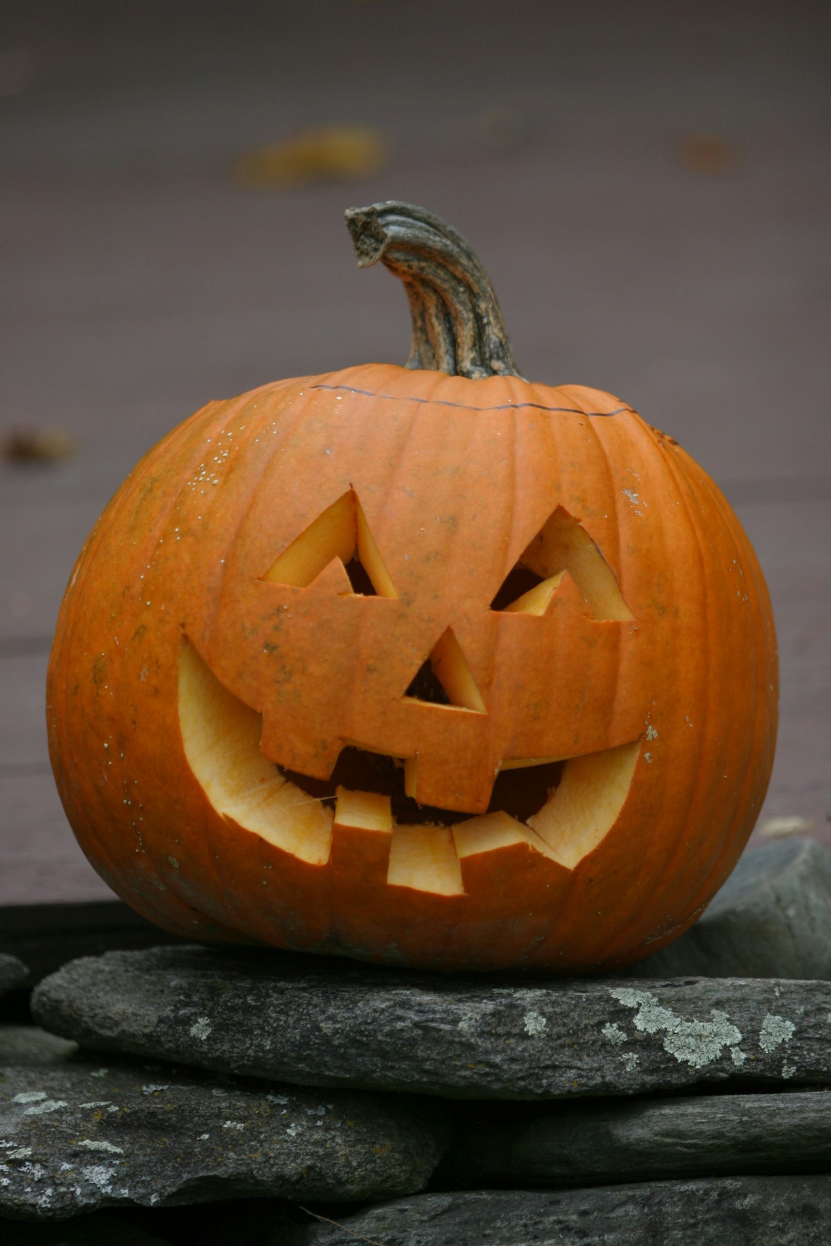 a carved pumpkin on a rock