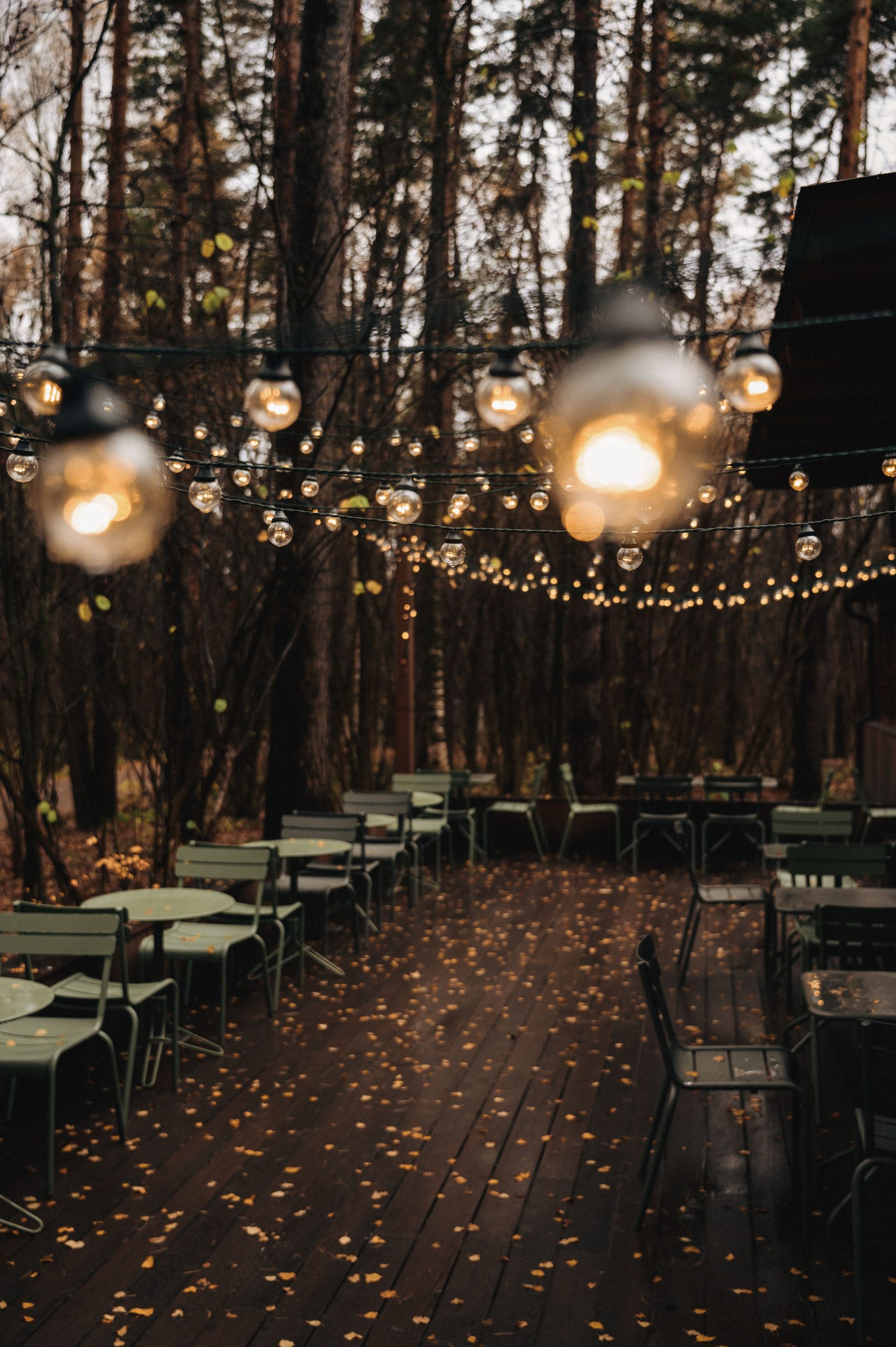A charming outdoor café setting with string lights and fallen autumn leaves.