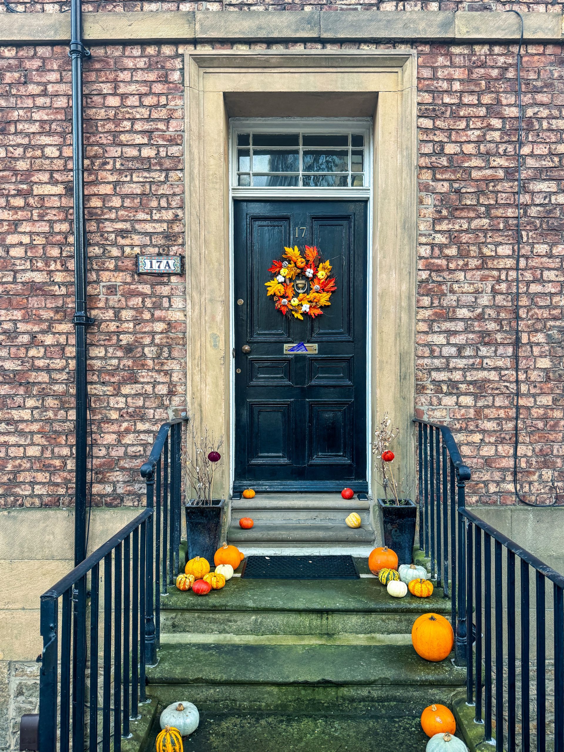 A festive black door in Newcastle adorned with pumpkins and a fall wreath, capturing Halloween spirit.