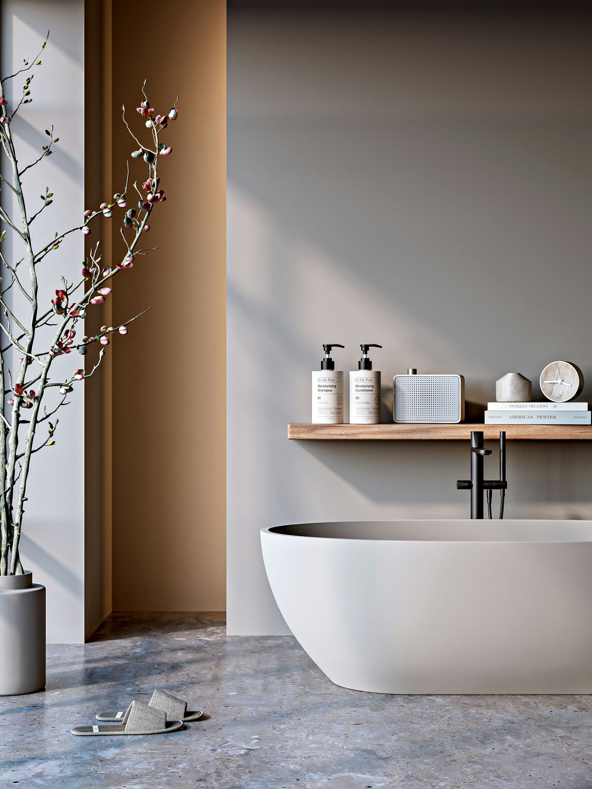 A tranquil minimalist bathroom bathed in natural light, featuring a sleek matte bathtub, soft earthy walls, and elegant decor. Clean lines and subtle textures create a calming spa-like ambiance.