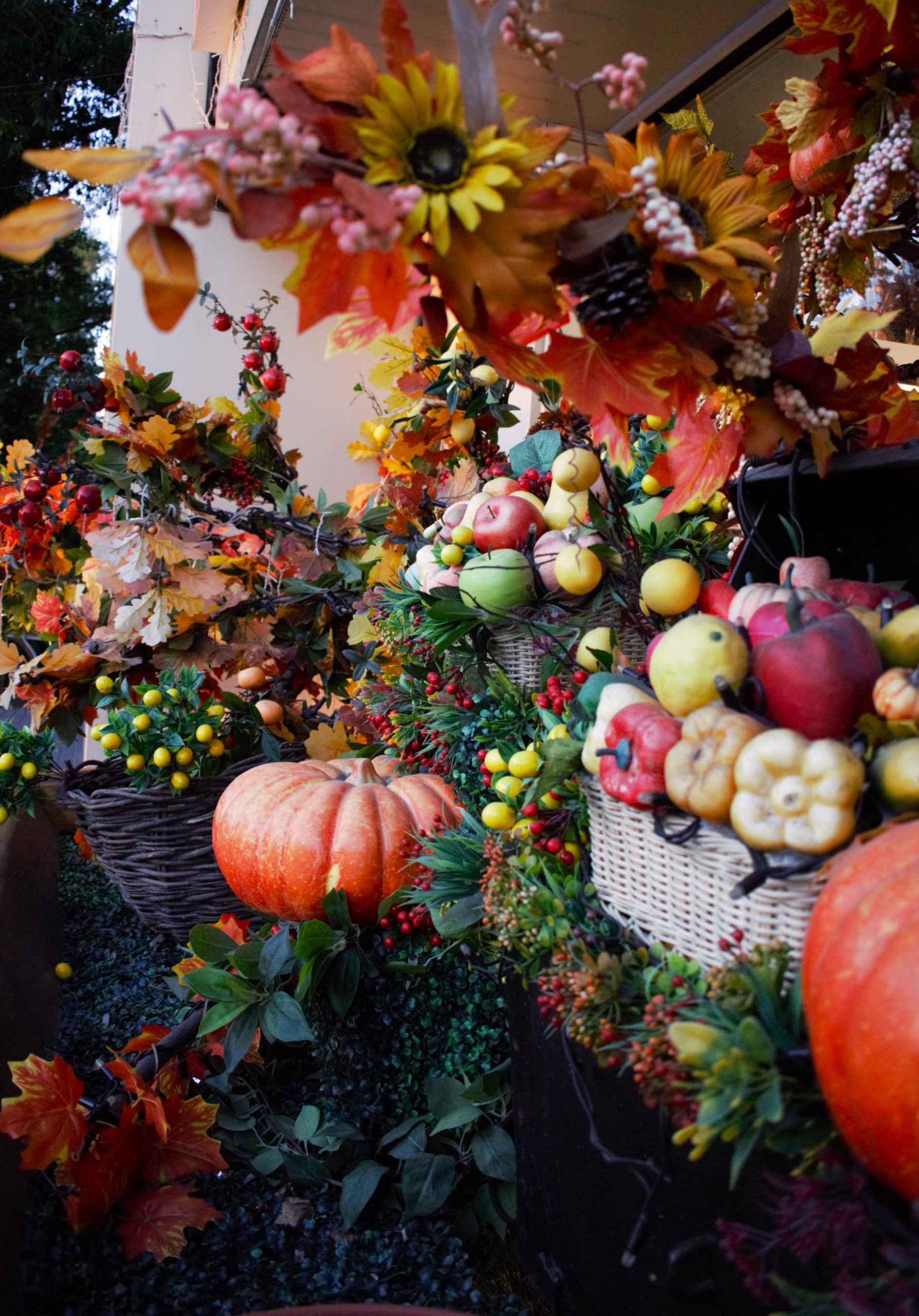 A vibrant autumn display featuring fruits, pumpkins, and colorful leaves in a festive arrangement.