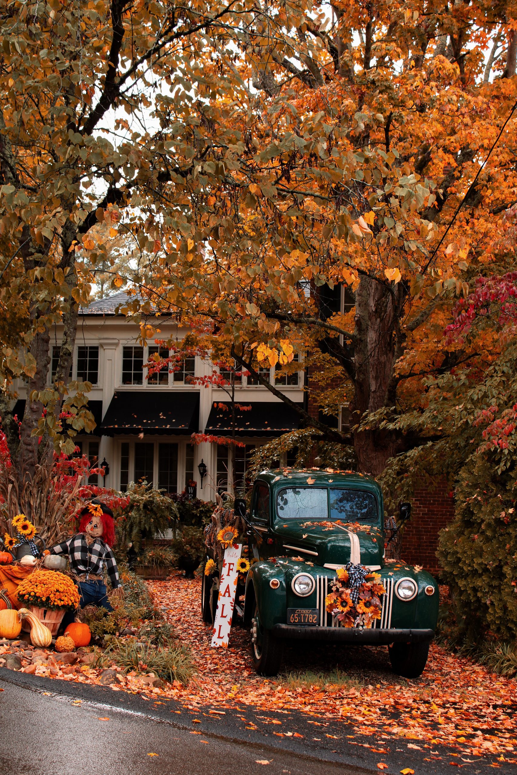 A vintage truck surrounded by colorful autumn leaves and pumpkins, creating a cozy fall ambiance.