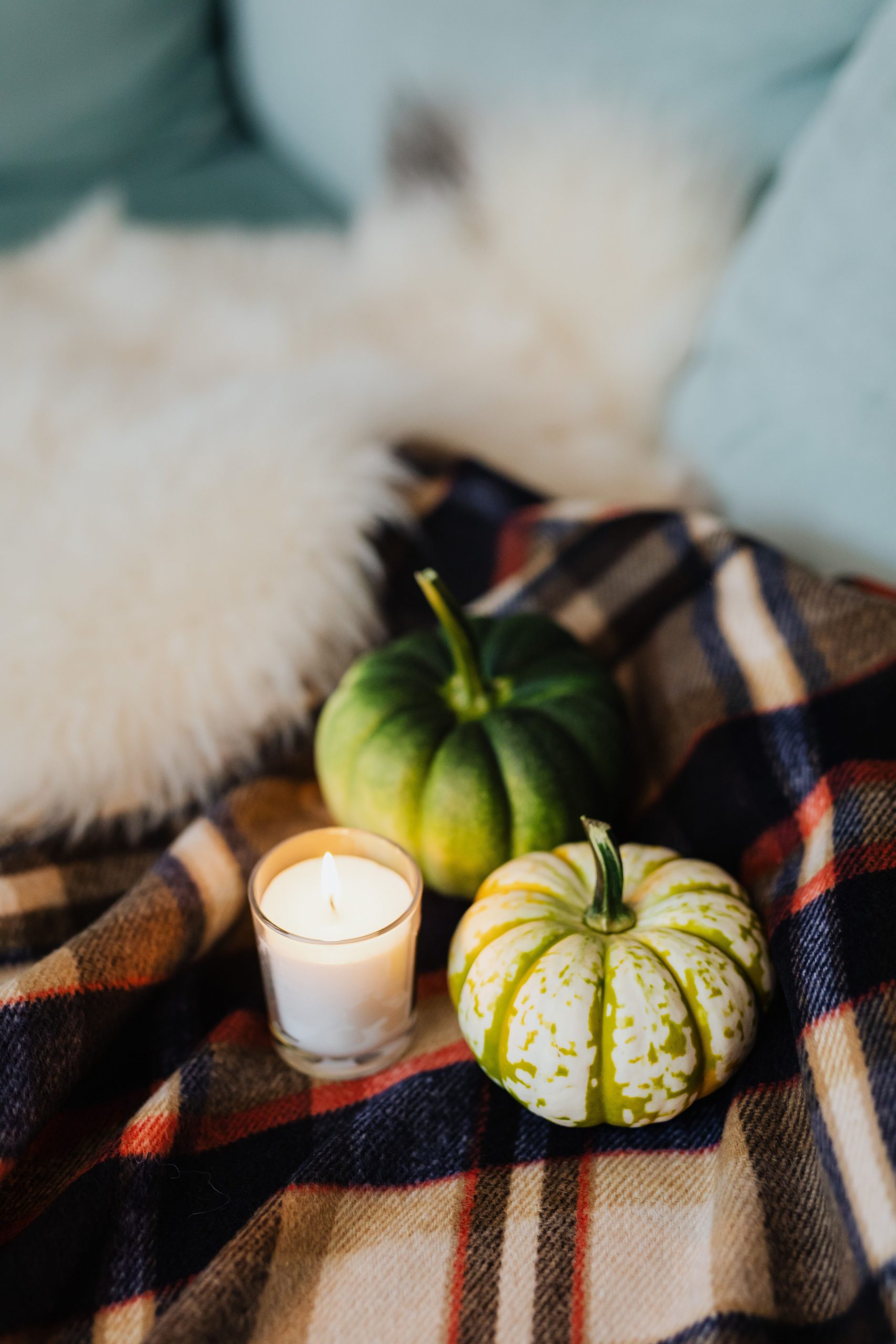 A warm, inviting autumn setup featuring pumpkins and a glowing candle on a plaid blanket.