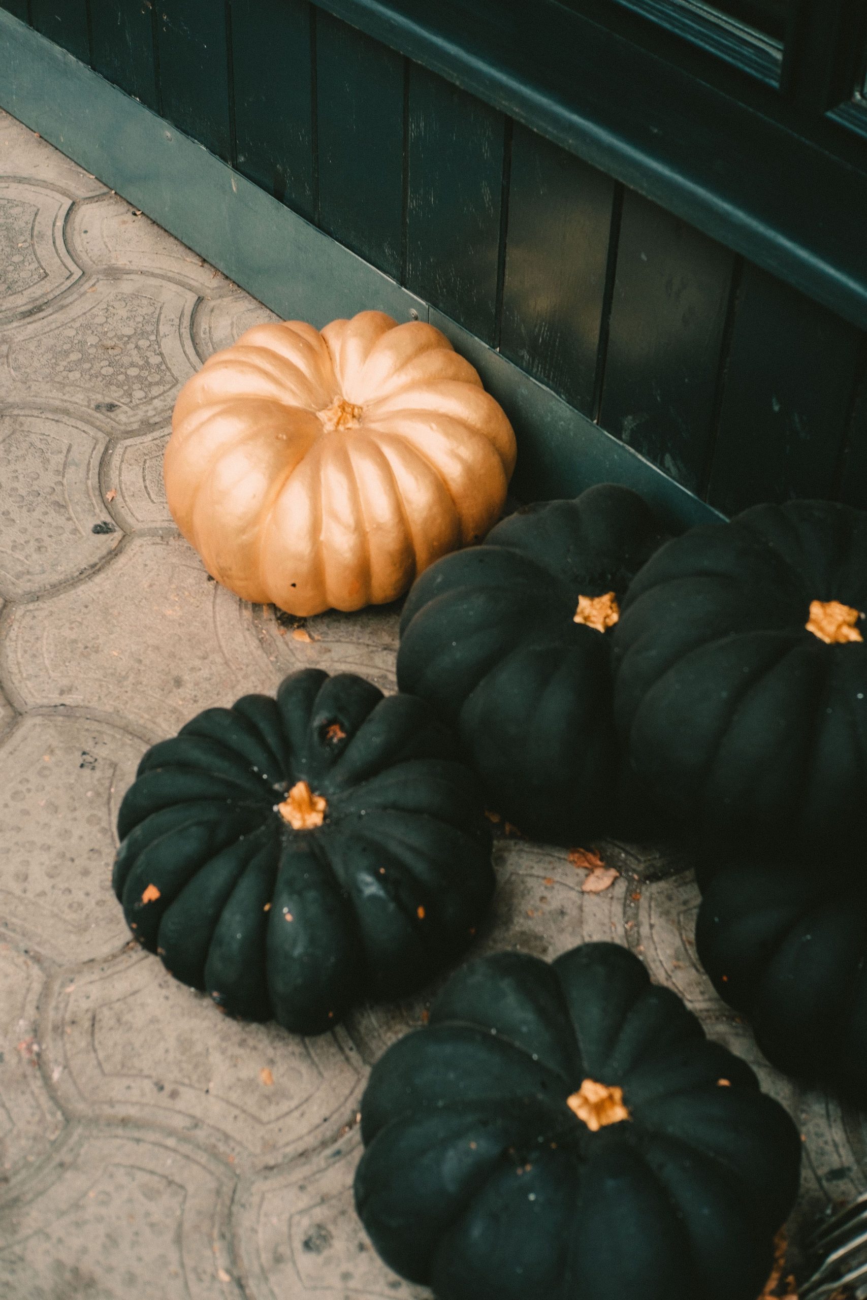 Artistic display of black and gold pumpkins on a doorstep, perfect for Halloween decoration.