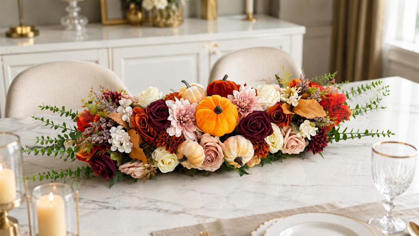 Autumn Floral Centerpiece with Pumpkins and Roses – Atelier