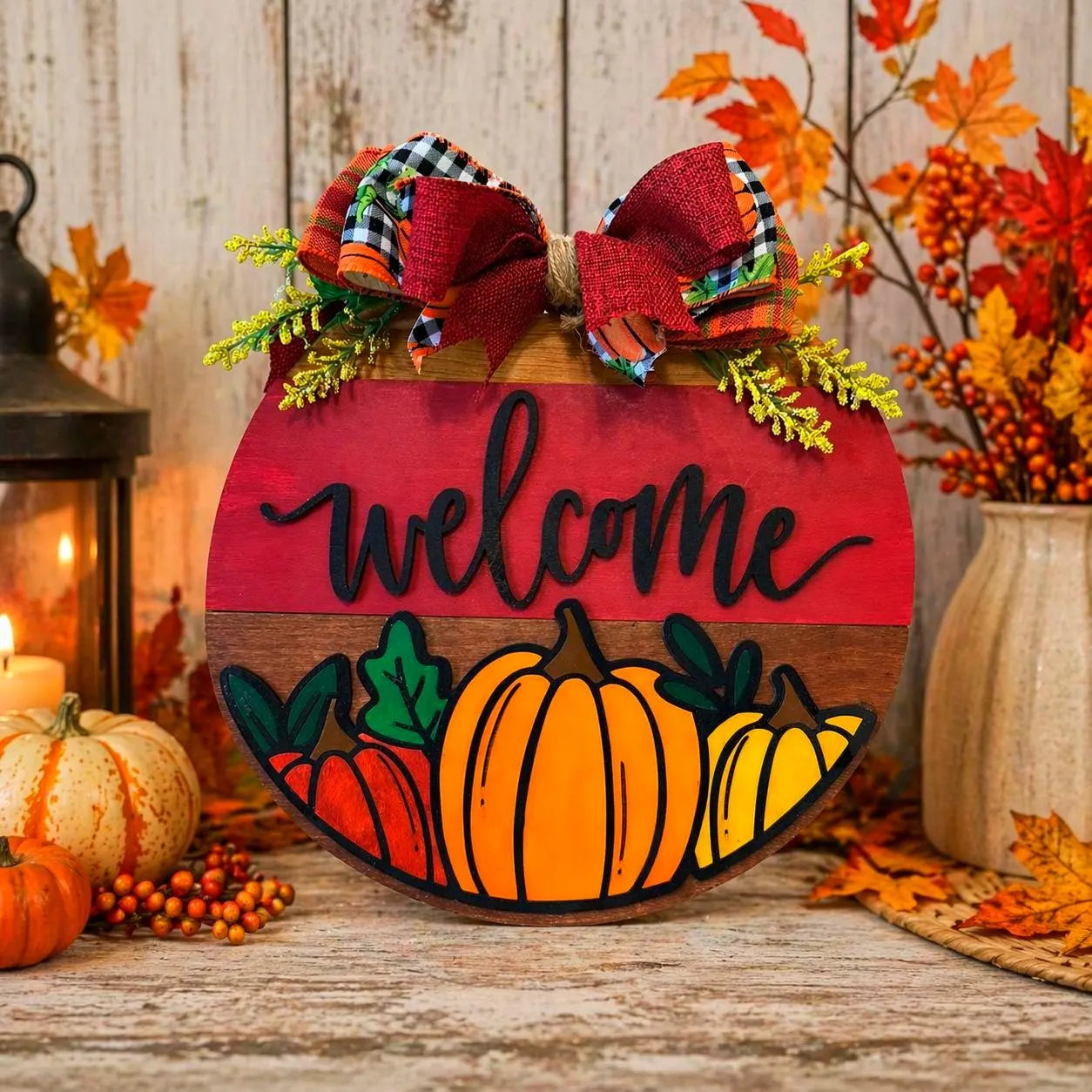 Autumn Front Door Hangings Pumpkin Wreath Welcome Sign For Front Door – Rustic Fall Door Hanger Round