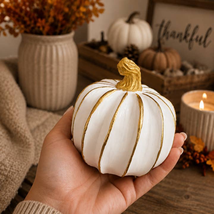 Autumn Pumpkin Set Farmhouse White Wash Wooden Pumpkin Set (2Piece, Inches) Rustic Autumn Fall Harvest Home
