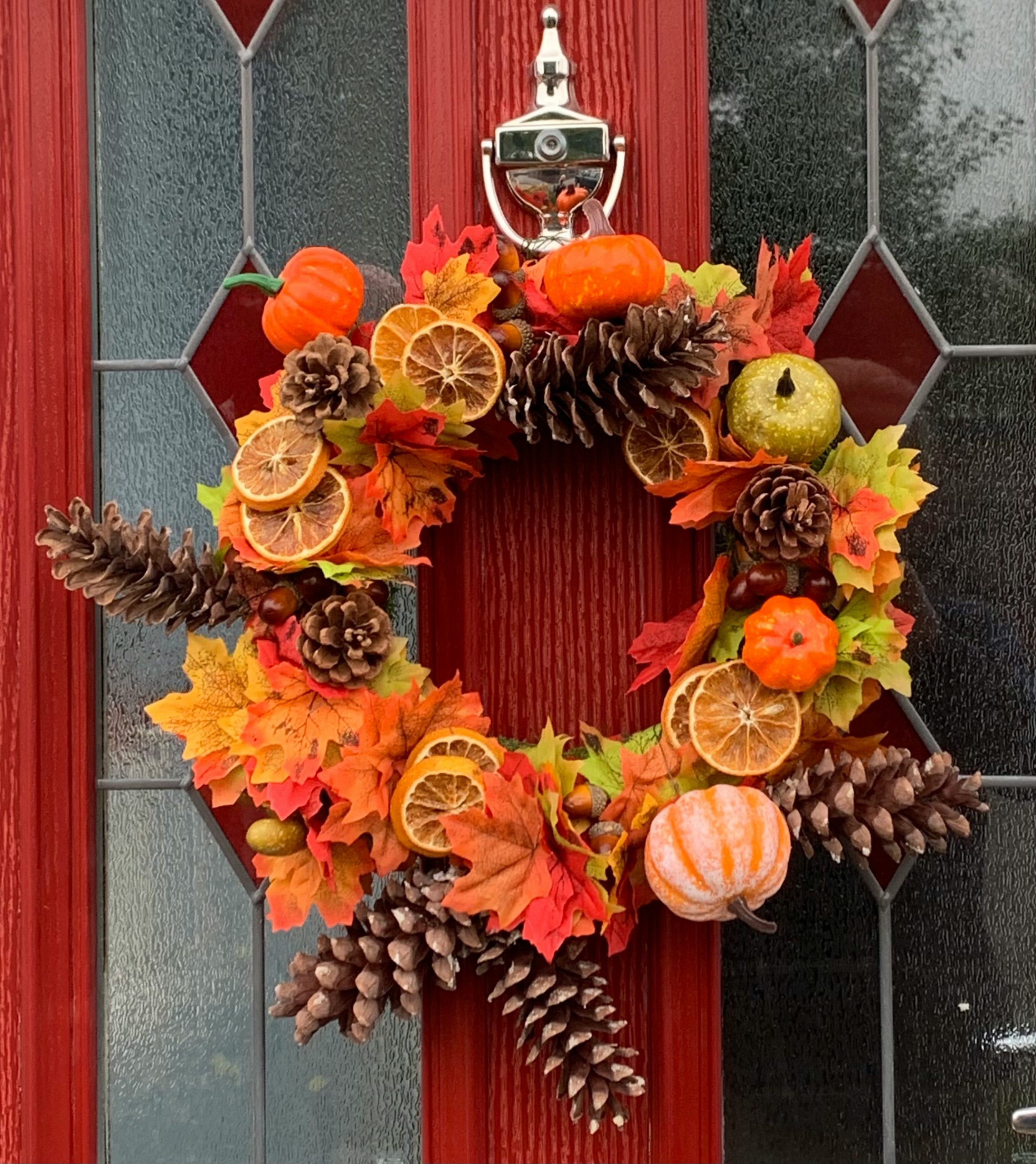 Autumn wreath on front door 