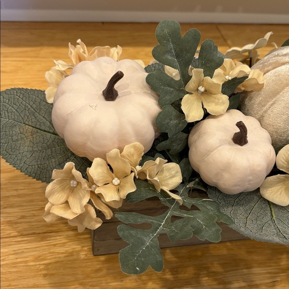 Beautiful and Elegant Cream Pumpkin Floral Arrangement in Wood Box 15.5” Long