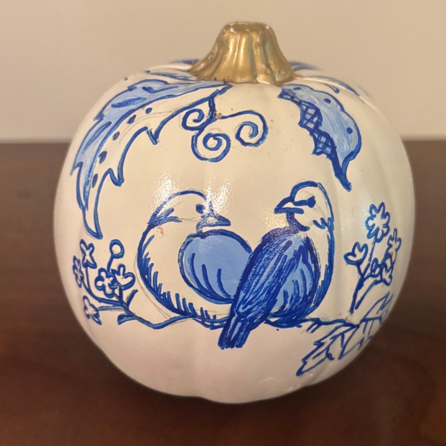 Bluebirds & Blossoms Hand-Painted Pumpkin