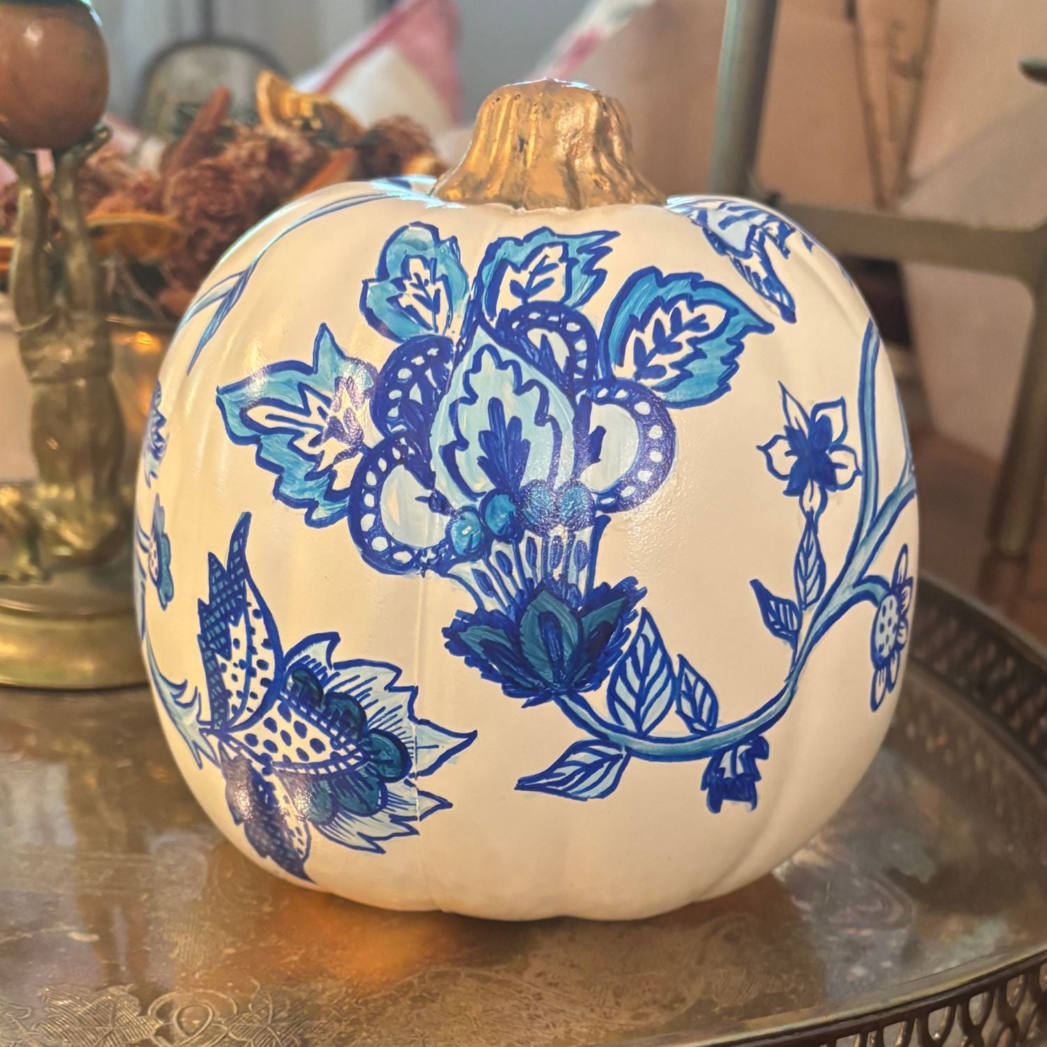 Cobalt Blooms Hand-Painted Pumpkin