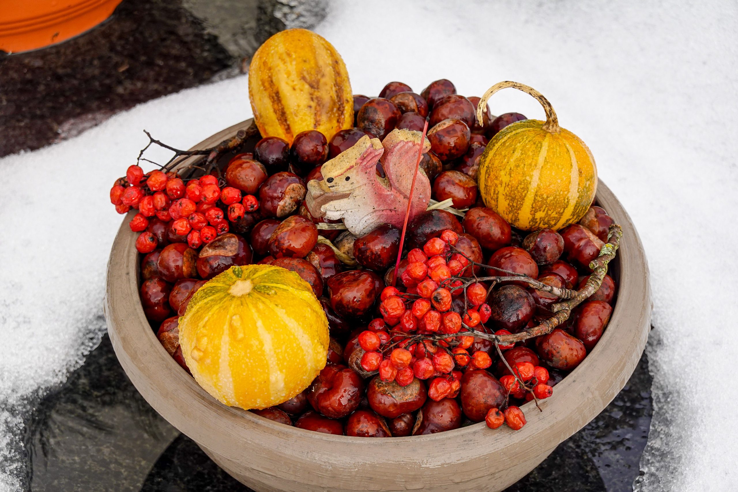 Colorful autumn bowl with small gourds, berries, and a decorative figurine, surrounded by snow.