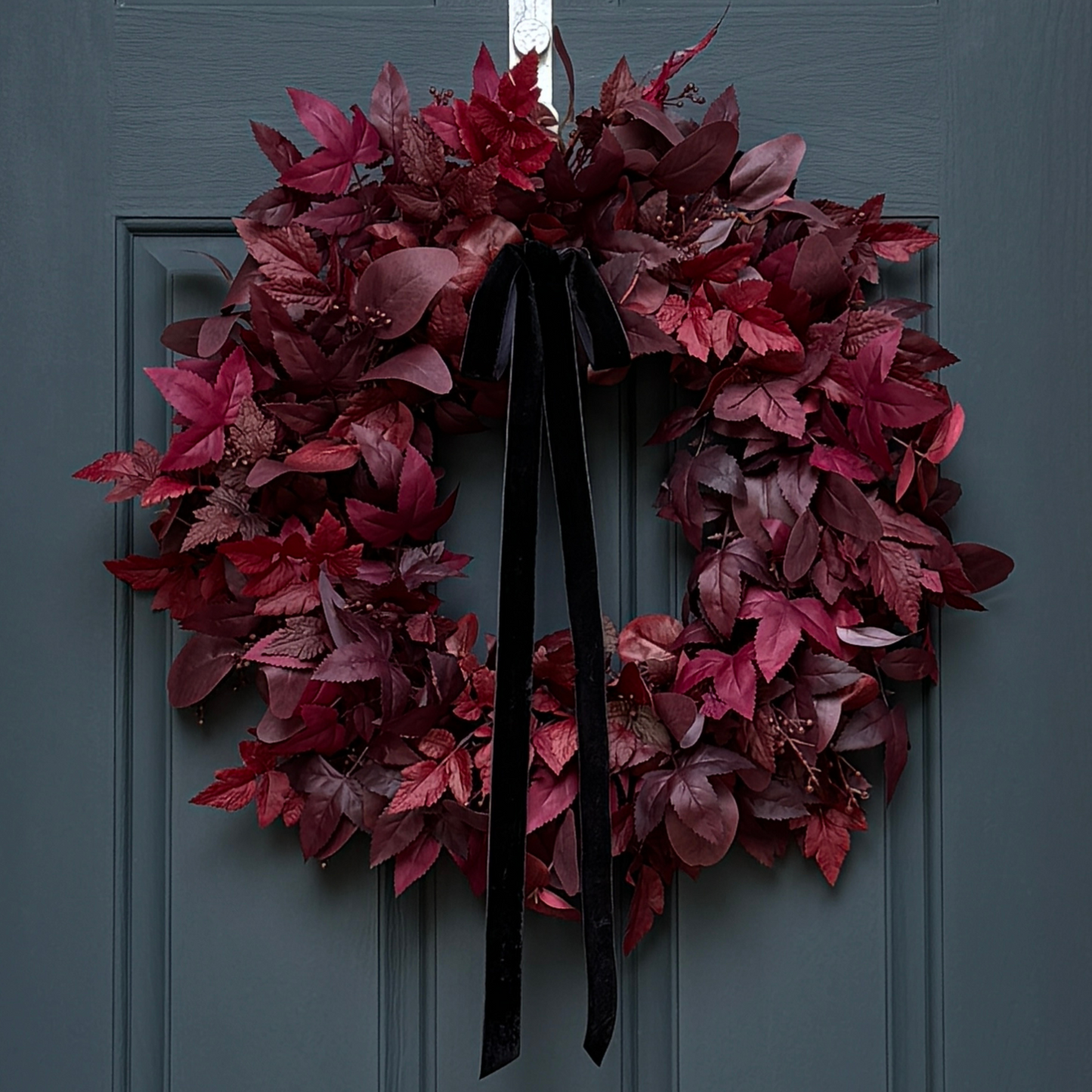 Door Reef Burgundy Moody Burgundy Fall Halloween Wreath With Black Velvet Bow – Darling Grape