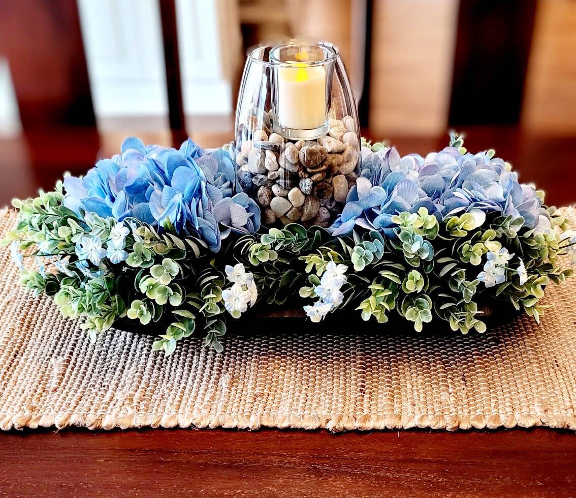 Dough Bowl Centerpiece – Black Rustic Bowl with Blue Hydrangeas and Votive Candle
