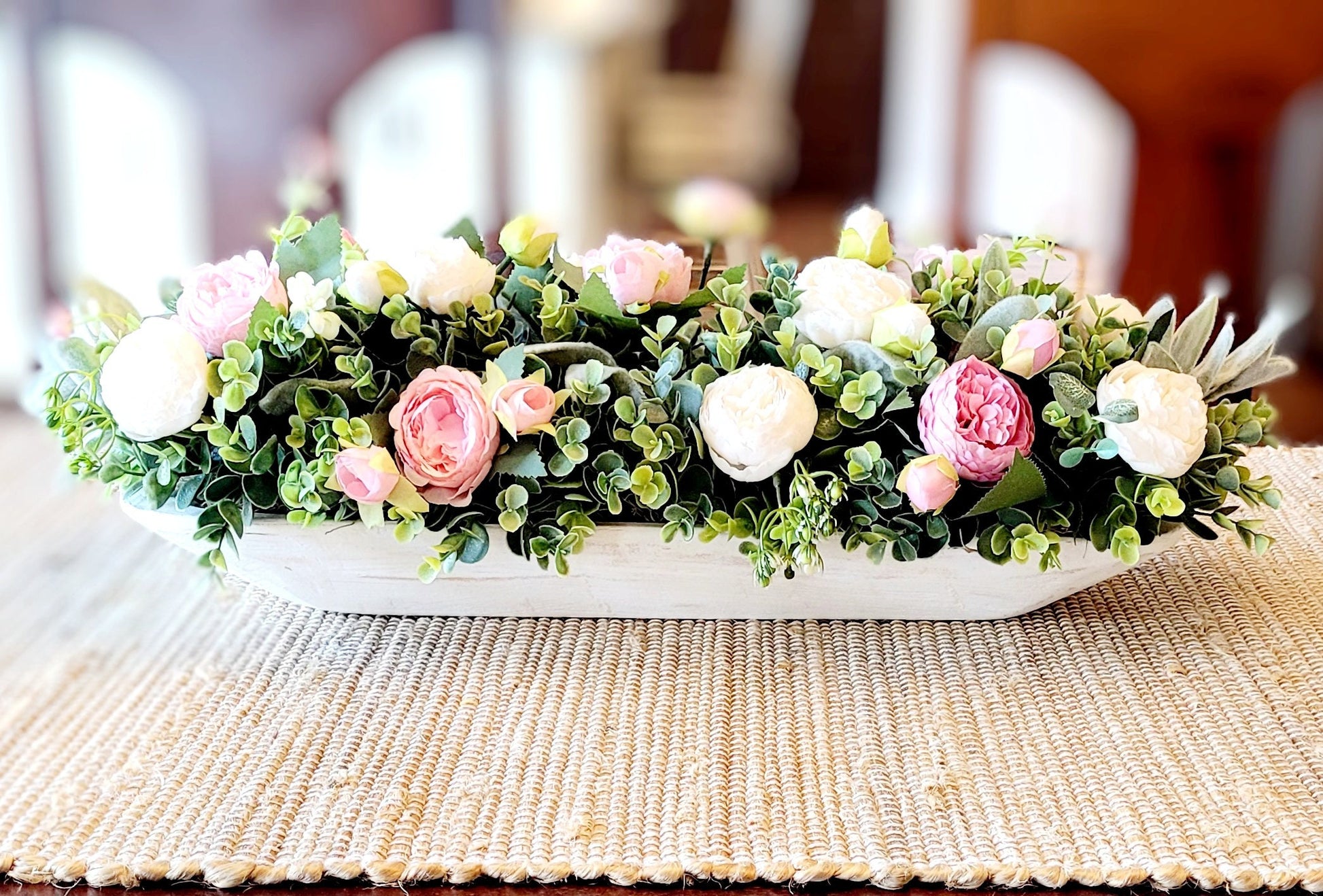 Dough Bowl Centerpiece – Handcarved Wooden Bowl with Cream Peonies