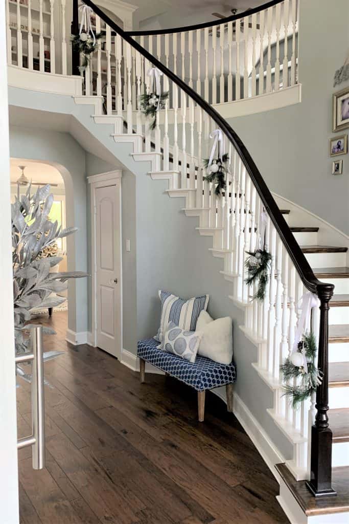 Easy Christmas Staircase Decorating Idea: Pine Sprays - thetarnishedjewelblog