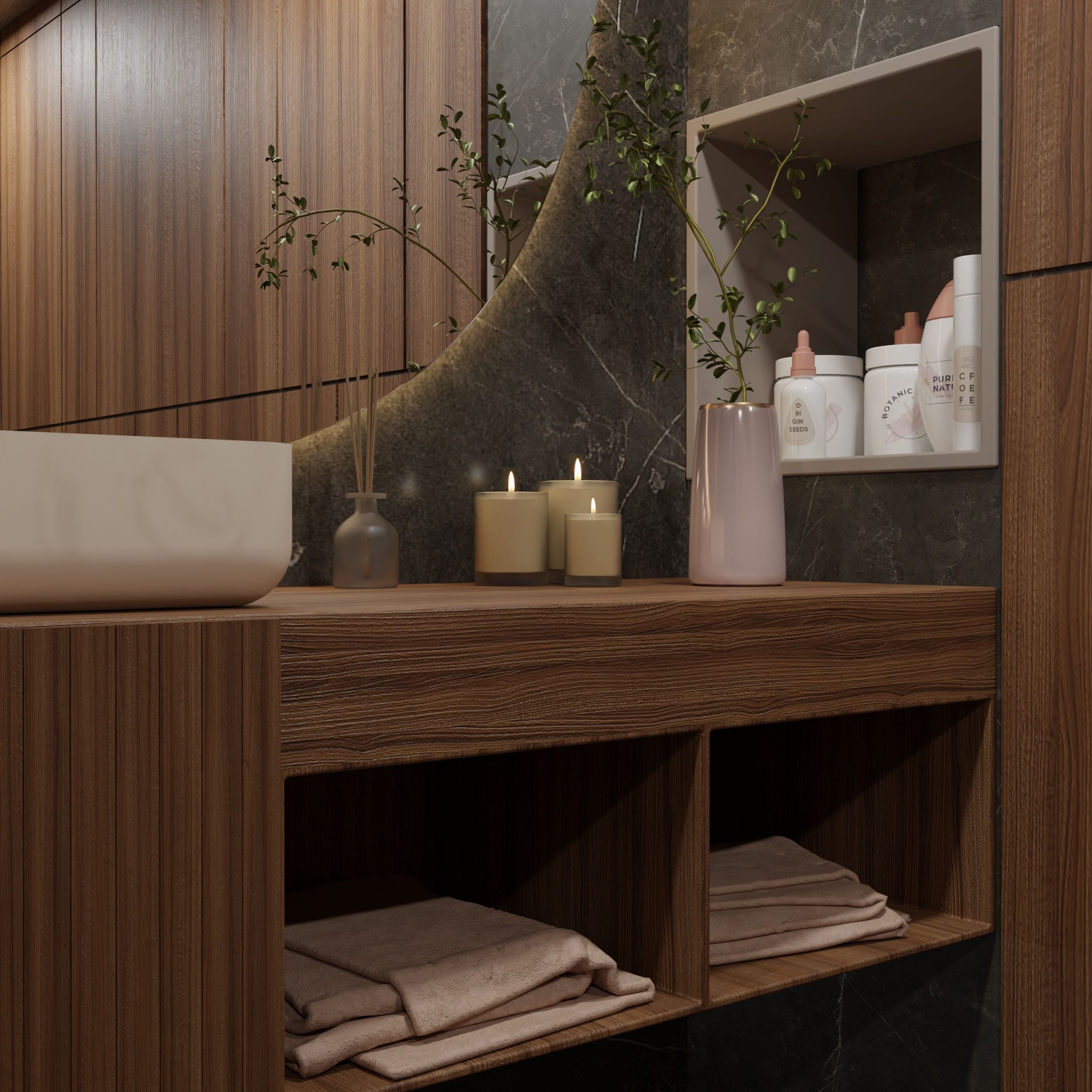 Elegant bathroom scene with wooden vanity, candles, and toiletries for a cozy atmosphere.