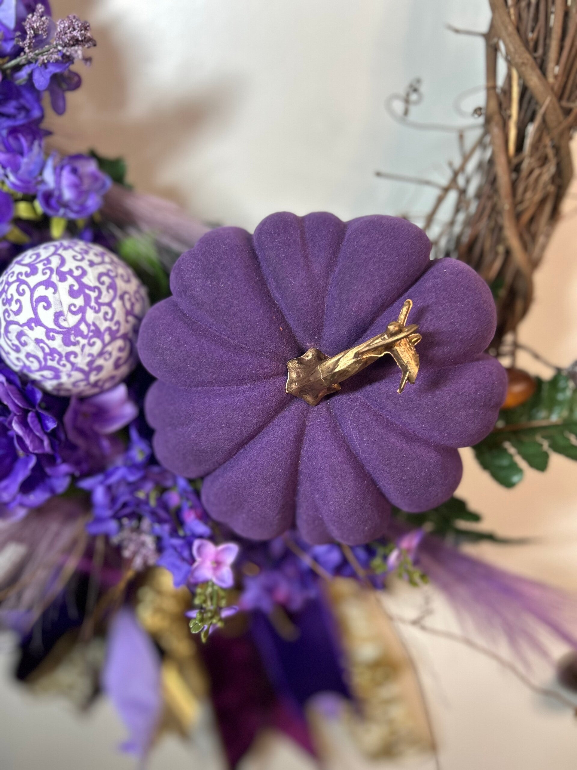 Elegant Fall Decor: Purple Velvet Pumpkin Wreath with Ribbon and Flowers - Front Door or Interior Decoration - Oval Grapevine Base