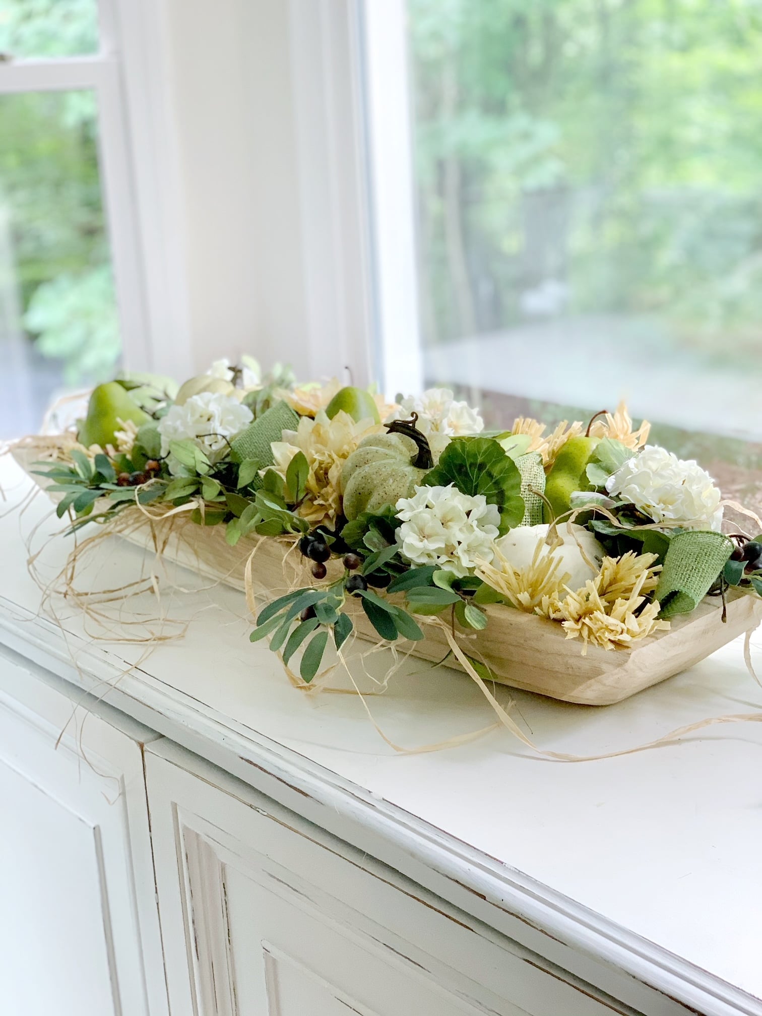 Fall Dough Bowl with Flowers, Fruit, and Burlap Ribbon - Celebrated Nest