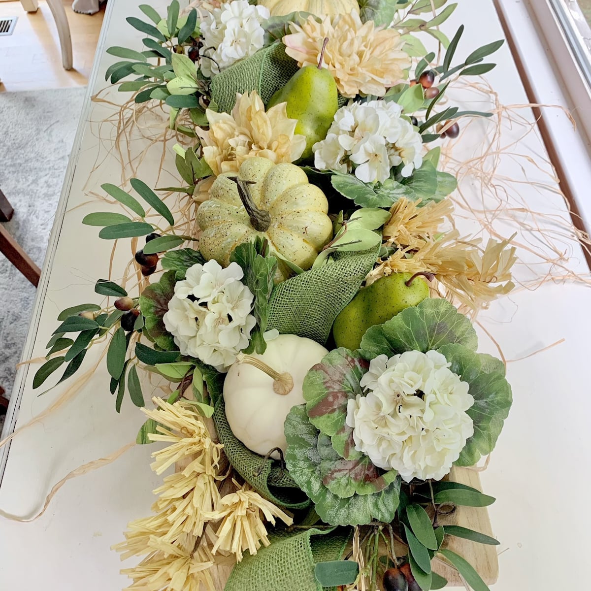 Fall Dough Bowl with Flowers, Fruit, and Burlap Ribbon - Celebrated Nest