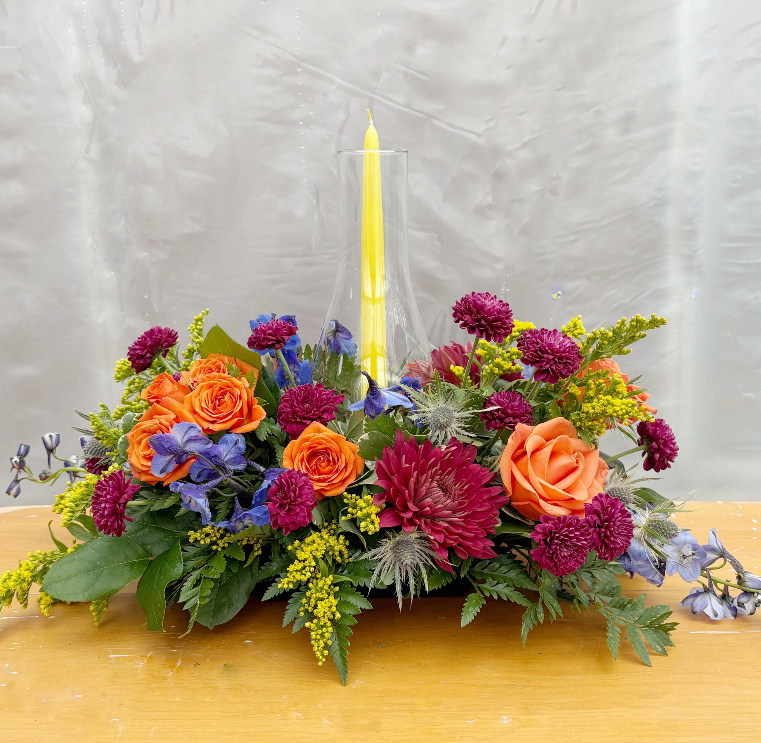 Fall Flowers - Autumn Candlelight Centerpiece - Same Day Delivery in Greater Metro Atlanta - Hall's Flower Shop - Same Day Flower Delivery » Hall's Flower Shop