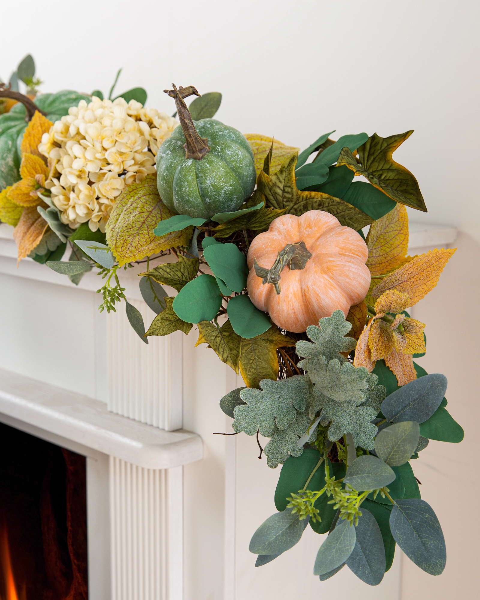 Fall Garland with Burlap, Pumpkins, Florals Cream Accents Garland Centerpiece