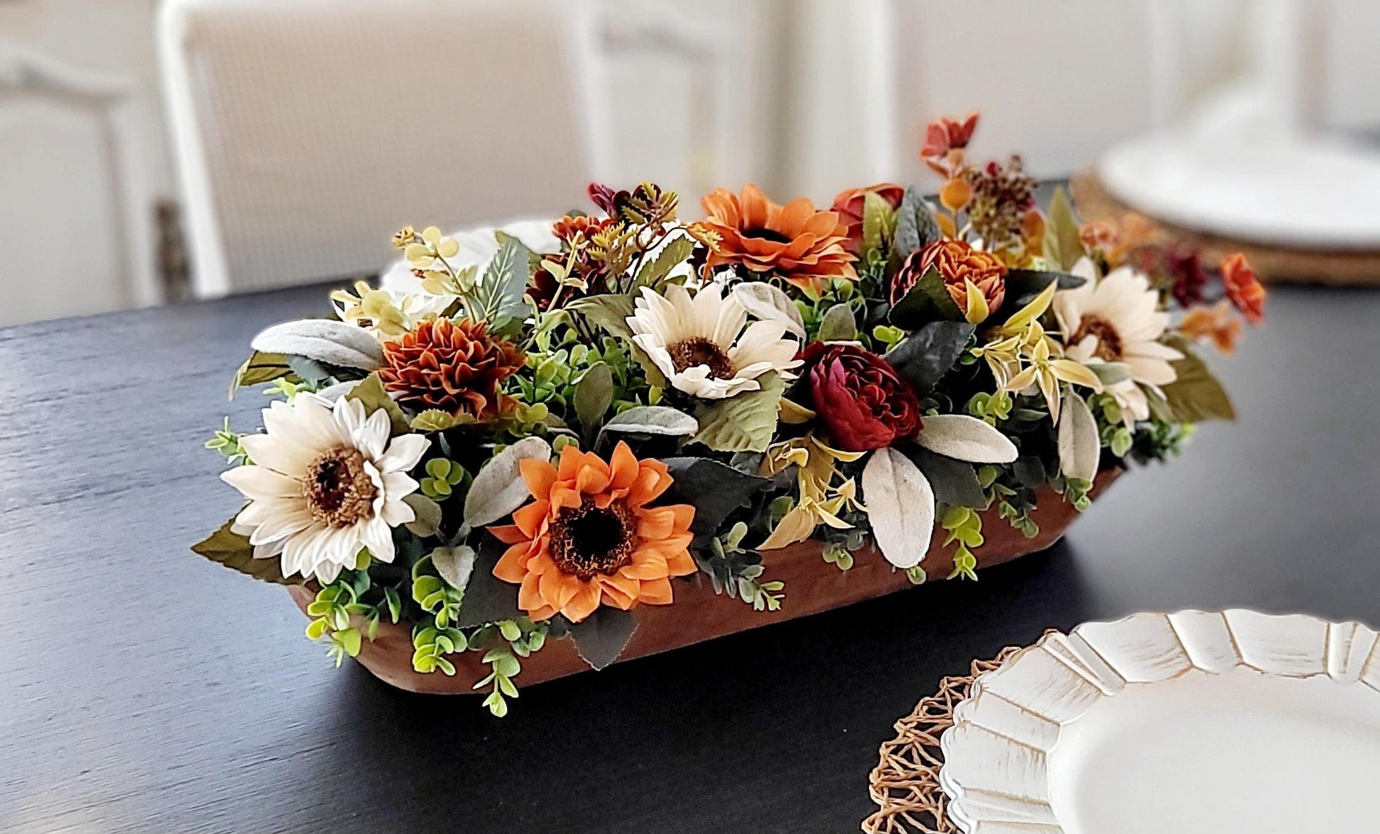 Fall Table Centerpiece – Handcrafted Dough Bowl Sunflower Arrangement