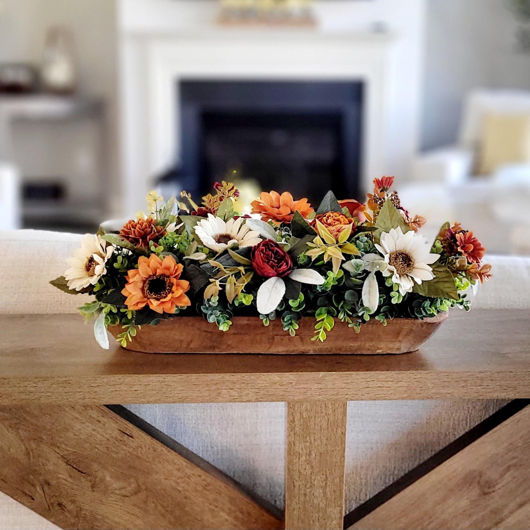 Fall Table Centerpiece – Handcrafted Dough Bowl Sunflower Arrangement