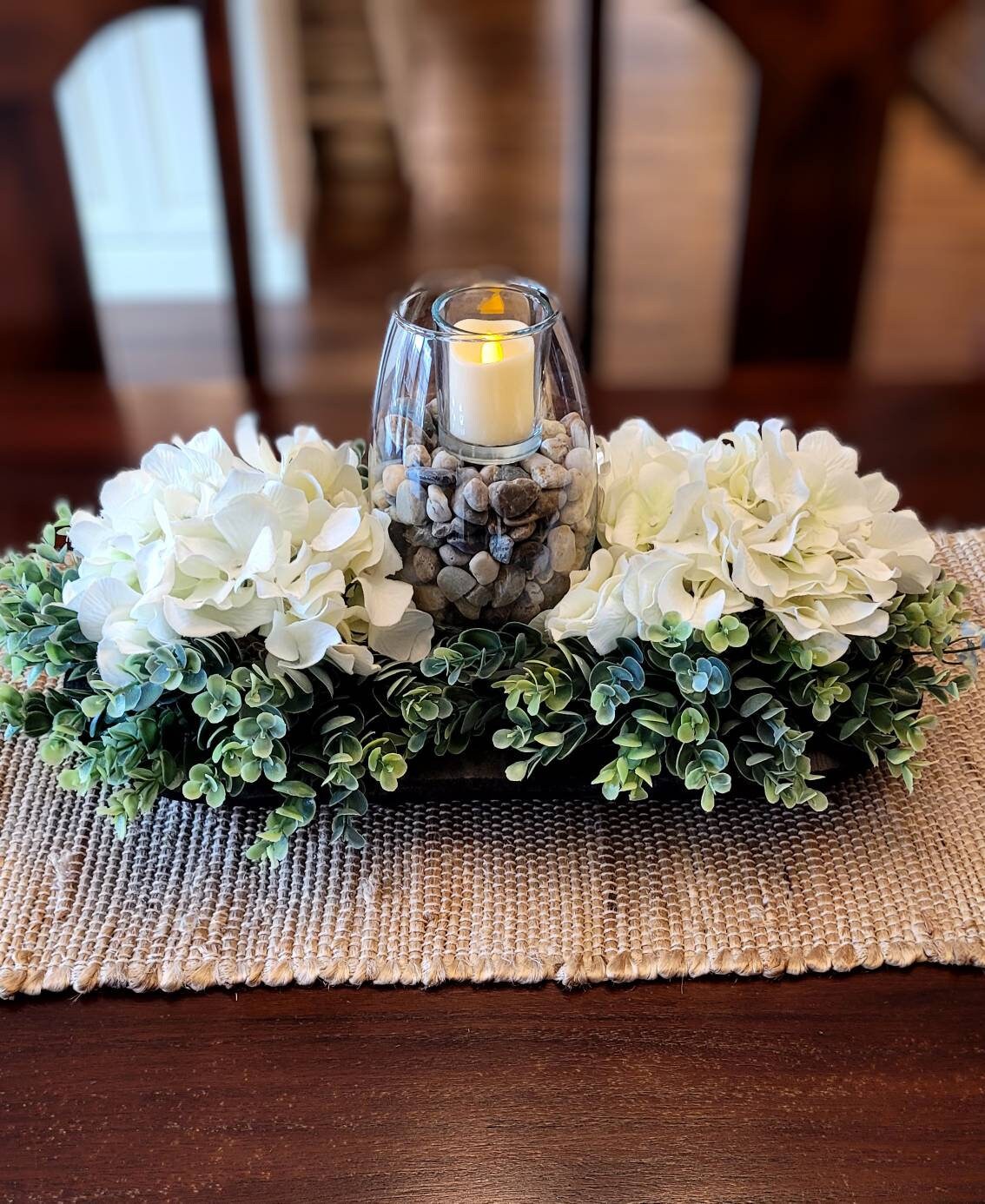 Farmhouse Centerpiece Bowl – Dough Bowl with Hydrangea and Candle