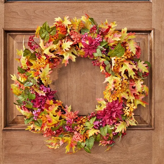 Front Door Outdoor Autumn Wreaths Esho Fall Pumpkins,Autumn Artificial Berry Maples Leaves Wreath For Front