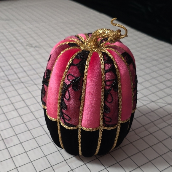 Glam Velvet Pumpkin, Pink and Black Decorative Pumpkin with Gold Accents