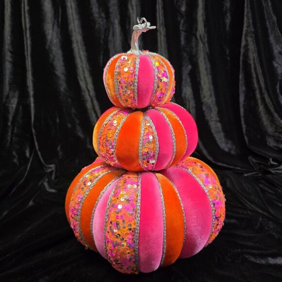 Glam Velvet Pumpkins, TRIO Orange, Hot Pink & Sequin Pumpkin‎ w Silver Glitter
