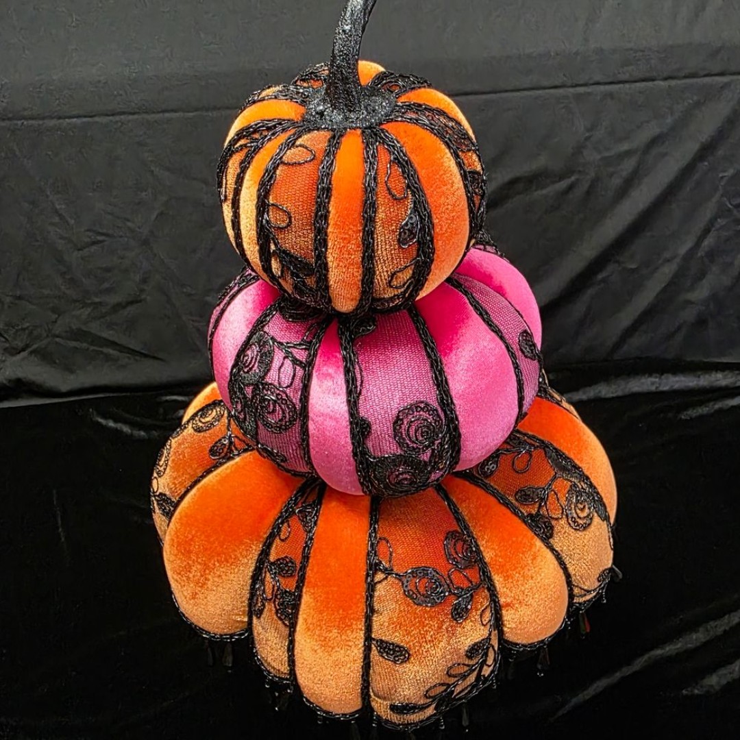 Glam Velvet Pumpkins, Trio Orange/Pink Pumpkin, w/Black Velve