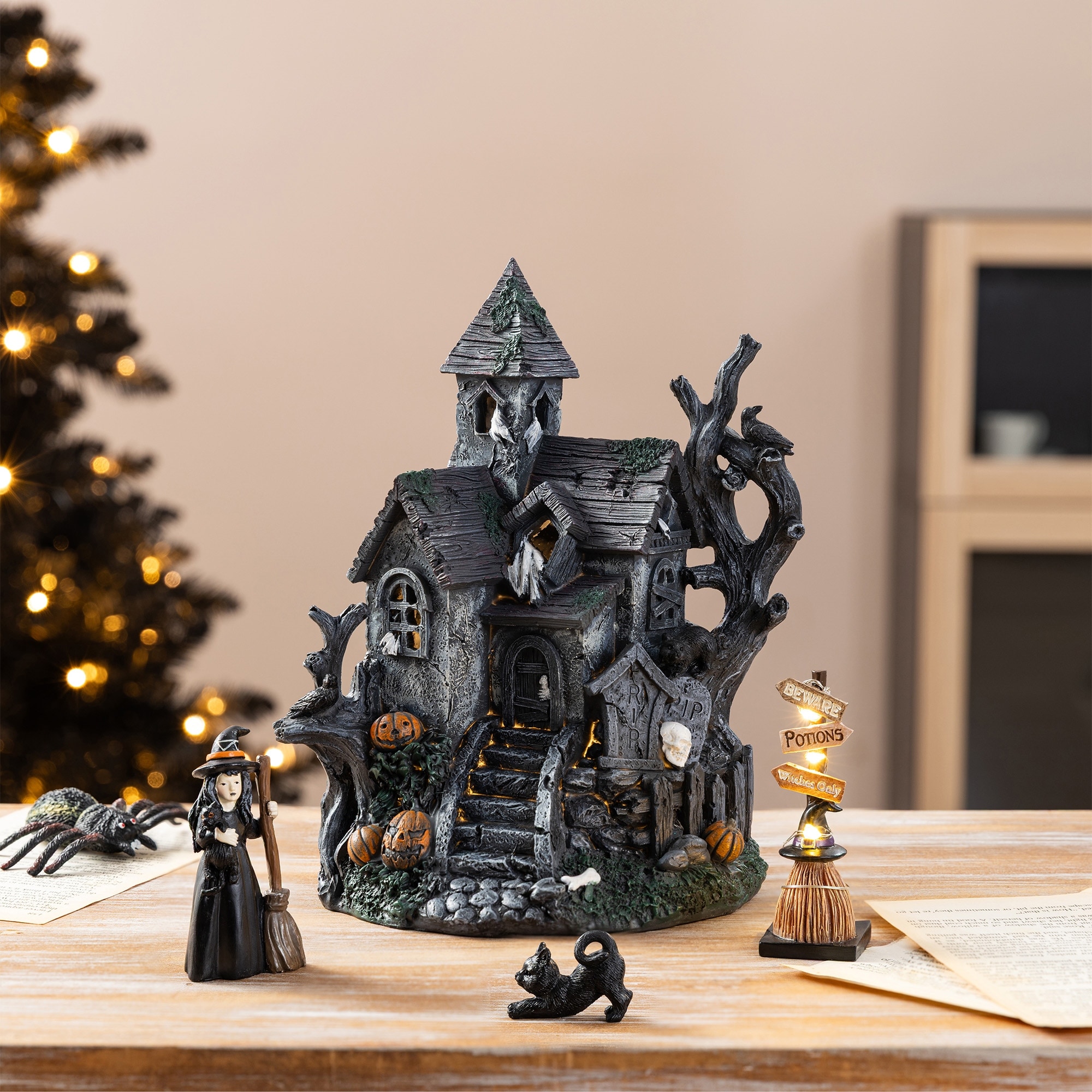 Halloween Decorations Home Decor Village Glitzhome Lighted Resin Halloween Haunted House Ghosts Witch Table Village Decor Multi