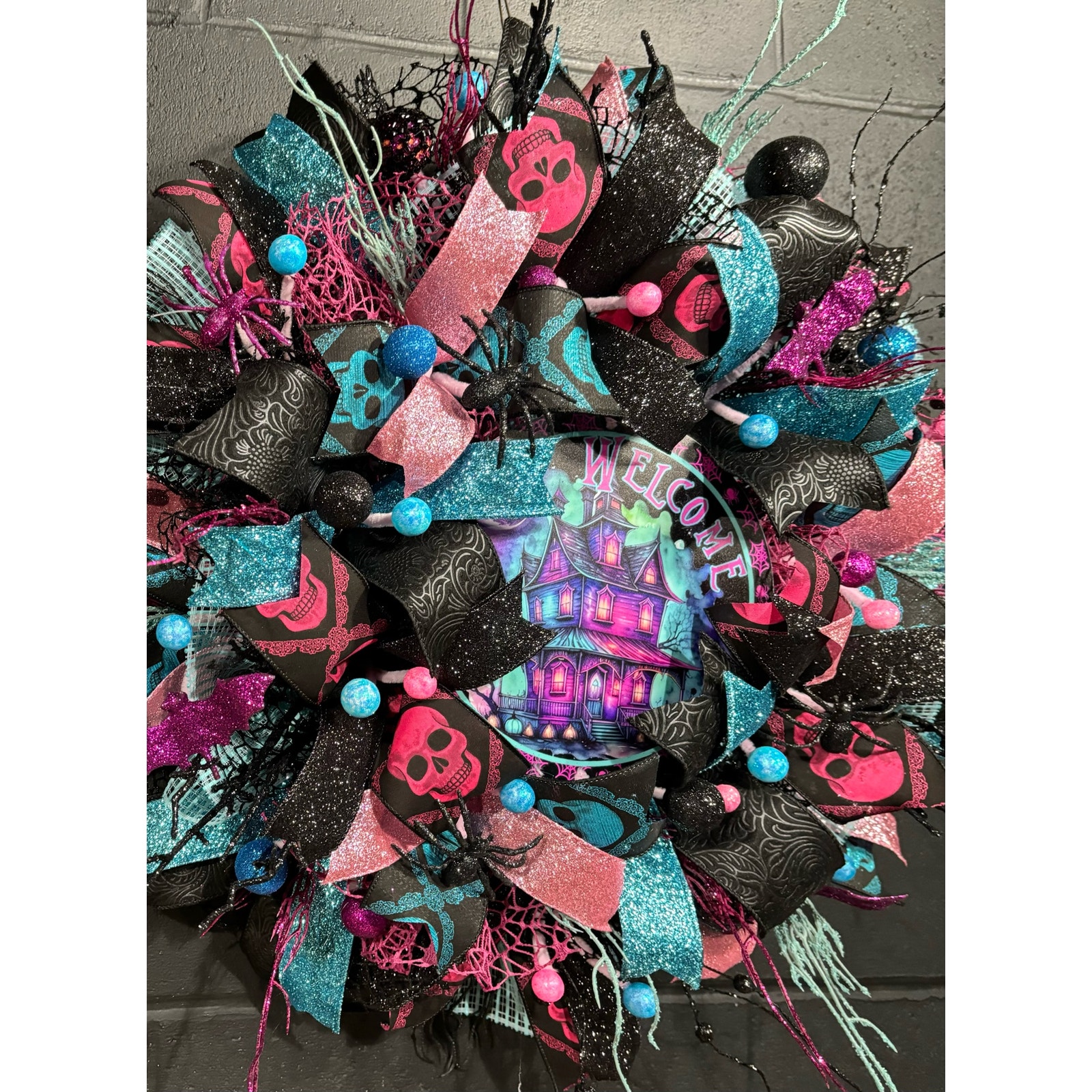 Halloween Wreath for Front Door Black, turquoise and Pink Haunted House 30 inch